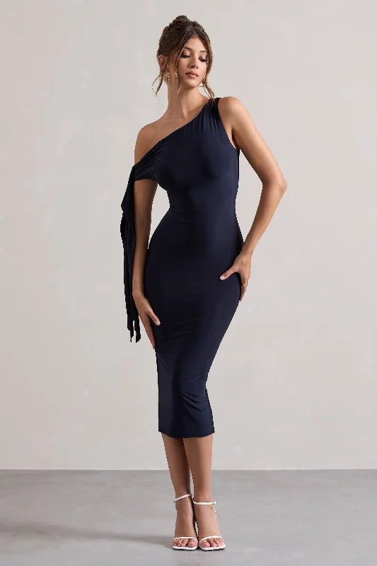 Adapt | Navy Asymmetric Midi Dress With Tie Sleeve Satin Midi Skirt