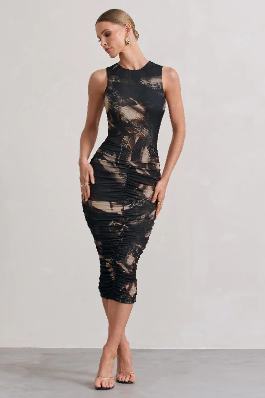 Antonia | Brown Print Sleeveless Ruched Bodycon Midi Dress Front Button Midi