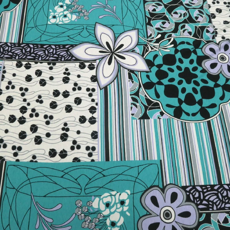 Black, Teal and White Abstract Flowers Printed Jersey Stretch Fabric Chic unclassified dresses