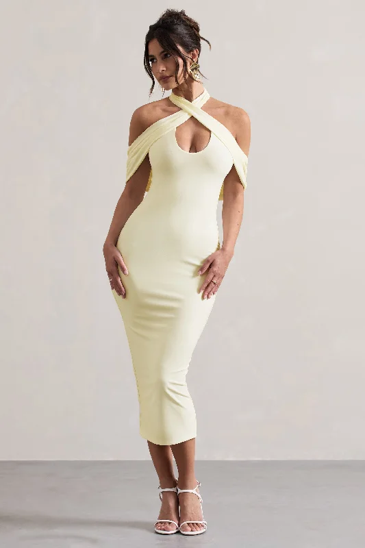 Connect | Cream Bodycon Halter-Neck Midi Dress With Cut-Out Vintage Printed Skirt