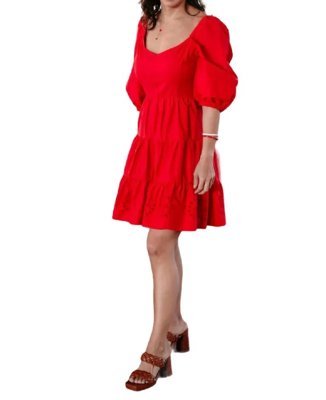 Davina Puff Sleeves Fit & Flare Eyelet Dress In Strawberry Red Ruched unclassified dresses