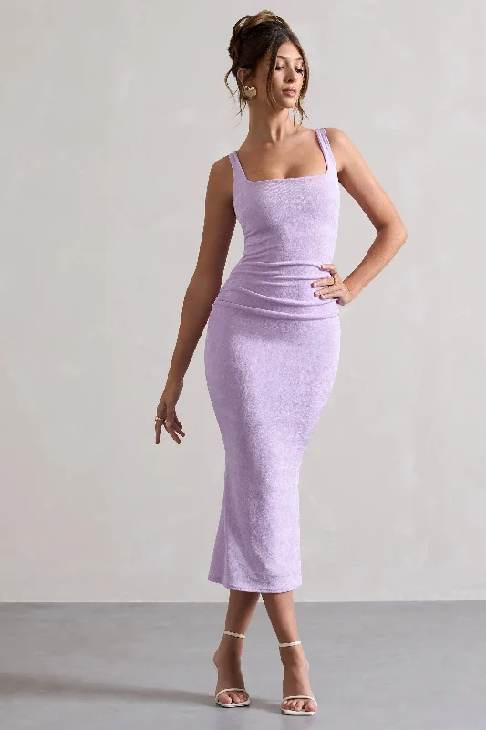 Evora | Lilac Ruched Square-Neck Midi Dress Soft Pleated Midi