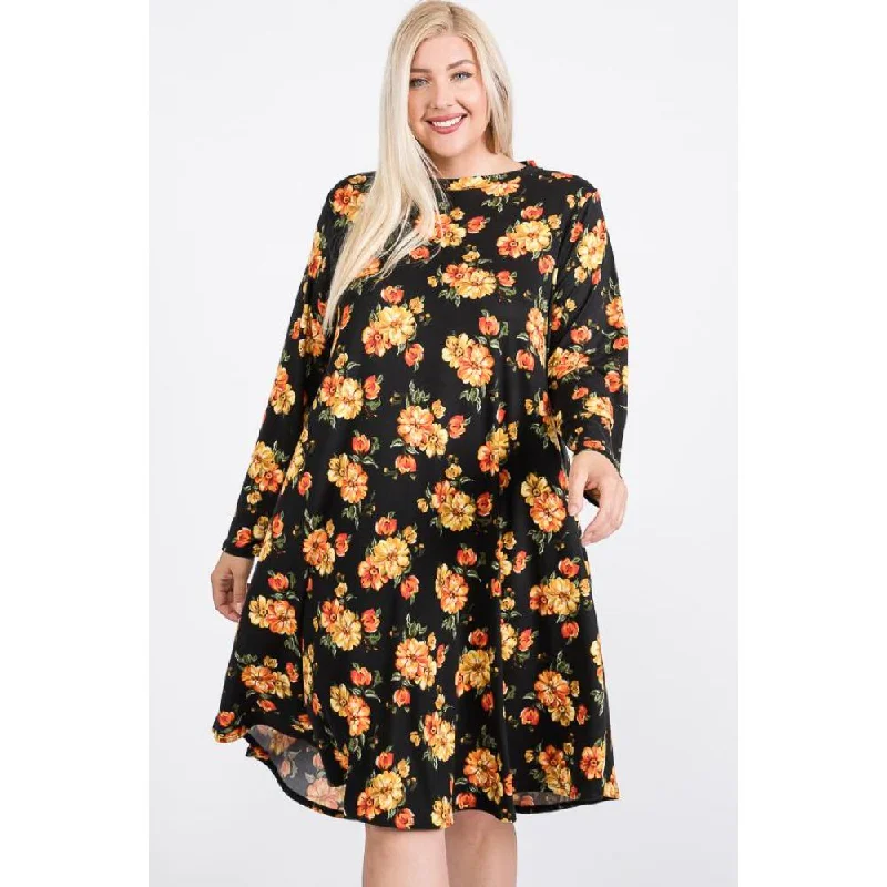 Floral Mock Neck Hidden Pocket Round Hem Midi Dress Midi Skirt Fashion