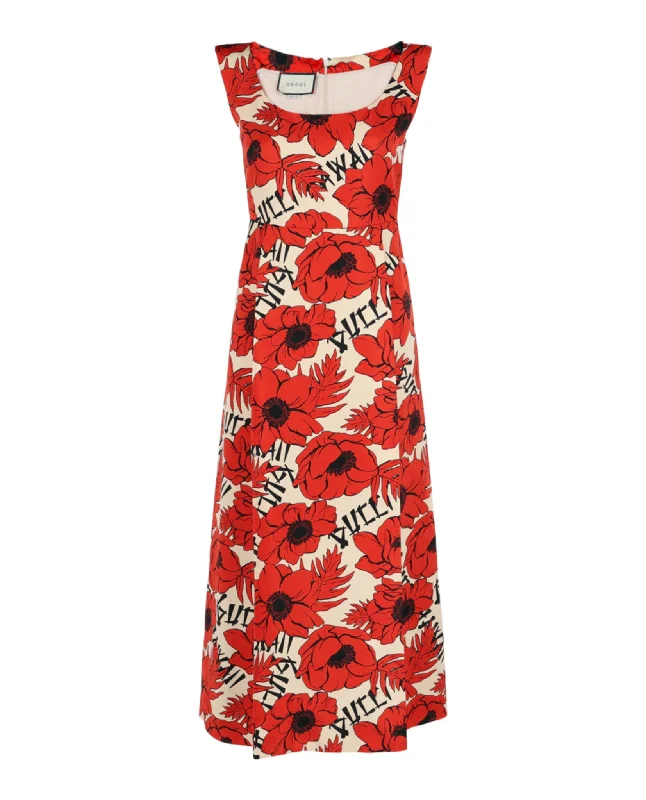 Flying Poppies-Print Silk Dress Bodycon unclassified dresses