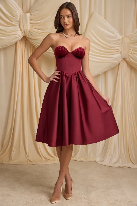 Strapless Corset Midi Dress in Wine Red Wrap Midi Skirt