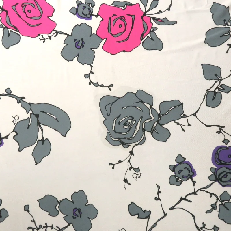 Grey and Fuchsia Flowers on a White Background Printed Spandex Stretch Fabric Dark color unclassified dresses