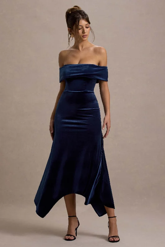 Halia | Navy Velvet Bardot Midi Dress Midi Skirt Chic