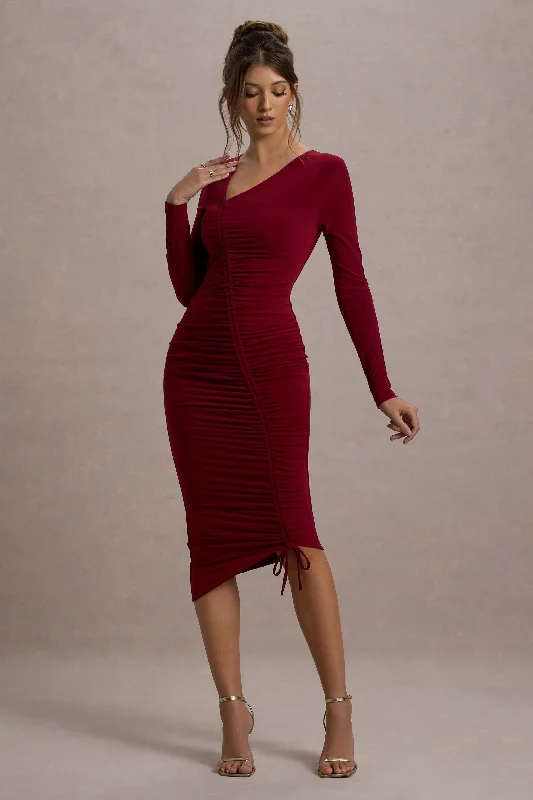 Lilia | Berry Ruched Asymmetric Midi Dress Elegant Midi Look