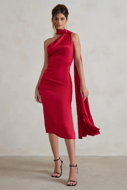 Madame | Berry Red Satin Asymmetric Scarf Neck Backless Midi Dress Midi Skirt Set