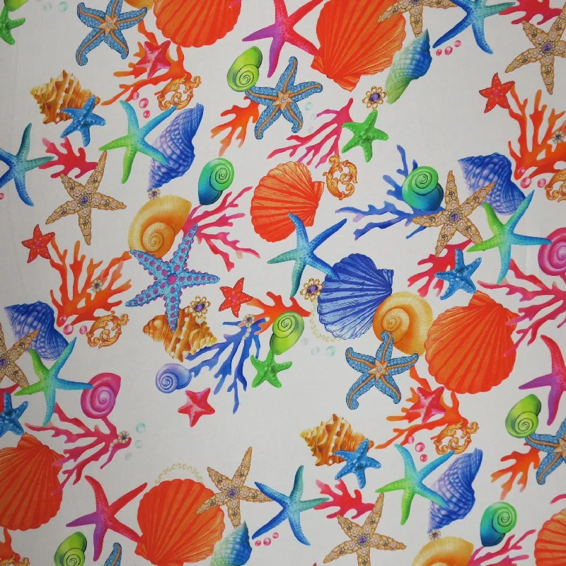 Multicolored Seashells and Starfish on White Printed Silk Charmeuse Fabric Bold pattern unclassified dresses