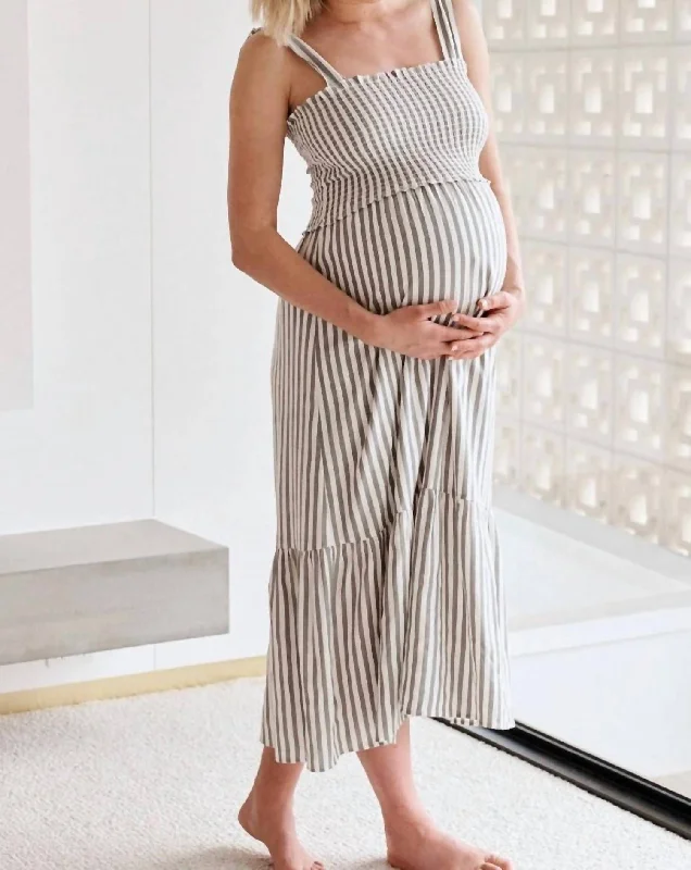 Ollie Striped Smocked Maternity Dress In Black One-shoulder unclassified dresses