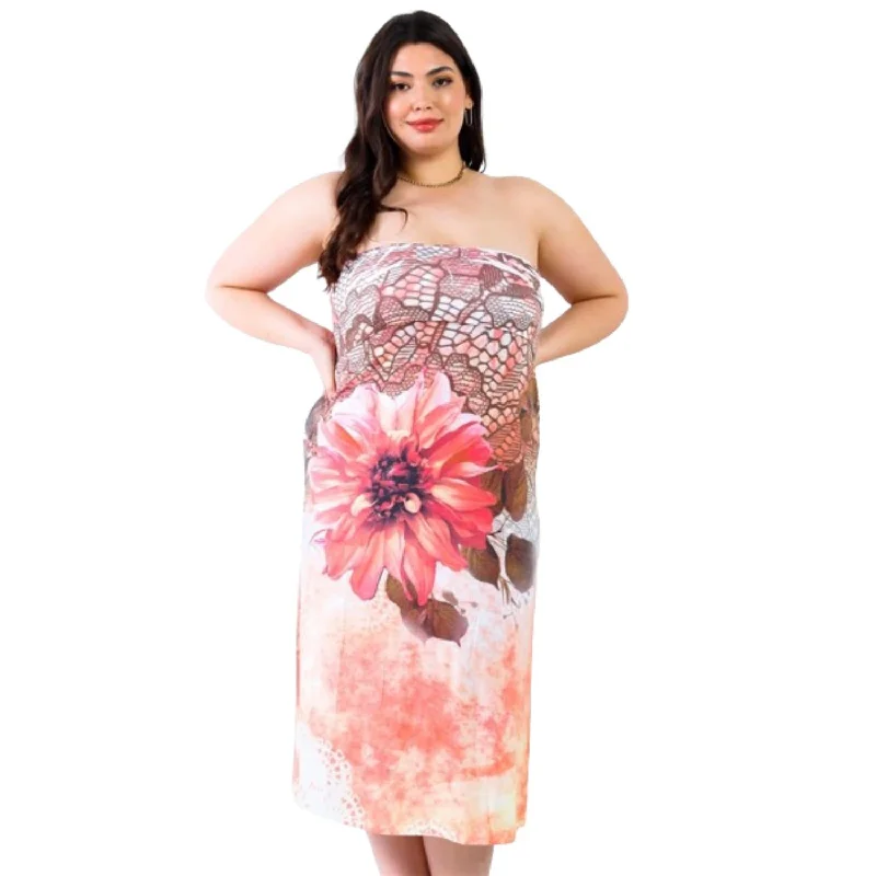 Plus Peach Flower Print Sleeveless Midi Dress Printed Midi Skirt