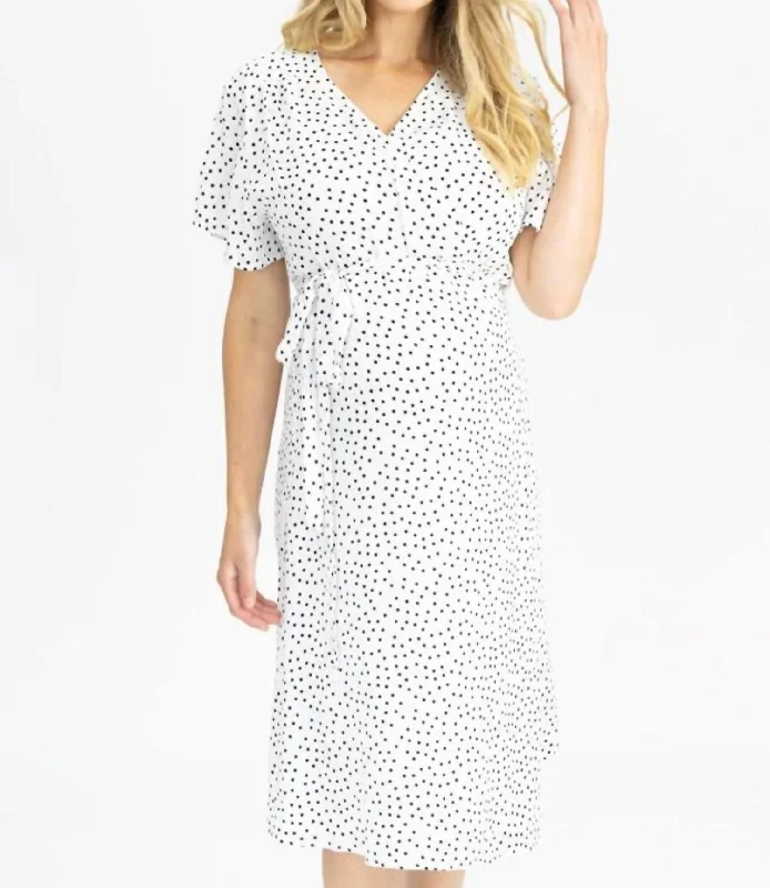 Polka Dot Nursing Wrap Dress In White Velvet unclassified dresses