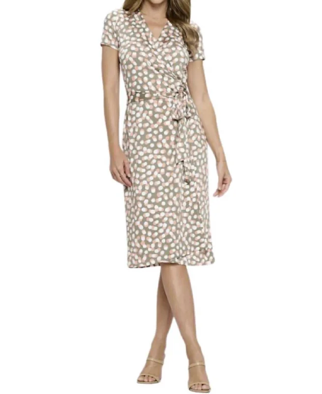 Polka Dot V Neck Wrap Dress With Tie In Light Olive One-shoulder unclassified dresses