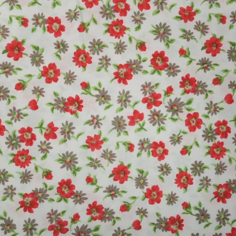 Red Flowers White Background Printed Cotton Blended Broadcloth Ruffled unclassified dresses