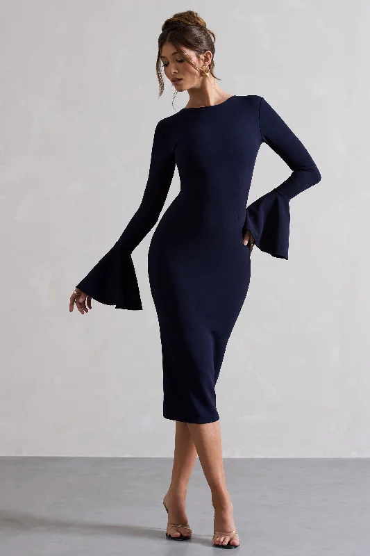 Rhyanne | Navy Bodycon Flared-Sleeve Midi Dress Stylish Midi Skirt