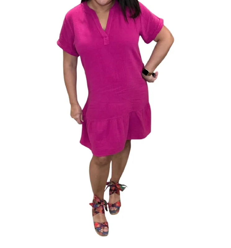 Split Neck Ruffle Hem Dress In Fuchsia Date night unclassified dresses