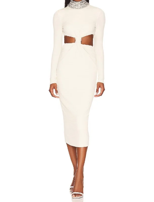 Stretch Knit Midi Dress With Removable Beaded Collar In Bone Soft Midi Skirt