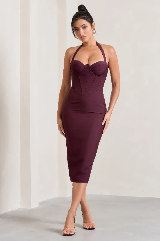 Supermodel | Burgundy Halter-Neck Corset Midi Dress Trendy Midi Skirt