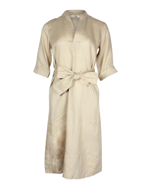 Vanessa Bruno Quarter Sleeves Belted Tunic Dress in Beige Linen Open-back unclassified dresses